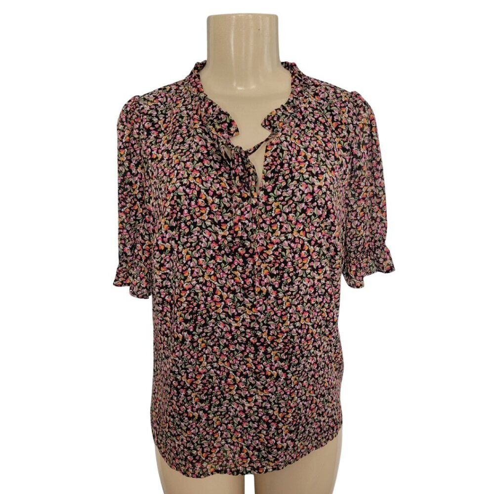 J. Crew Floral Split Tie Neck Puff Short Sleeve Blouse